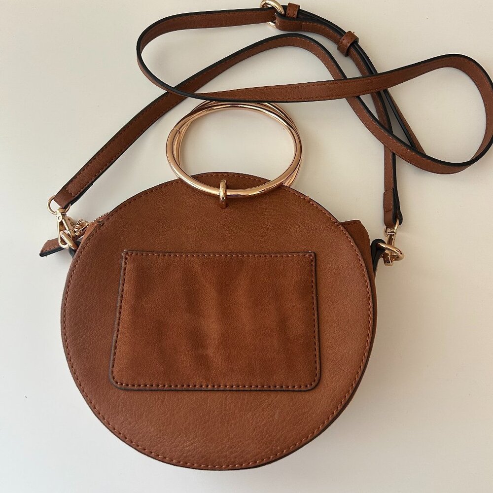 Minimalist Round Crossbody Bag Tan Gold Handle